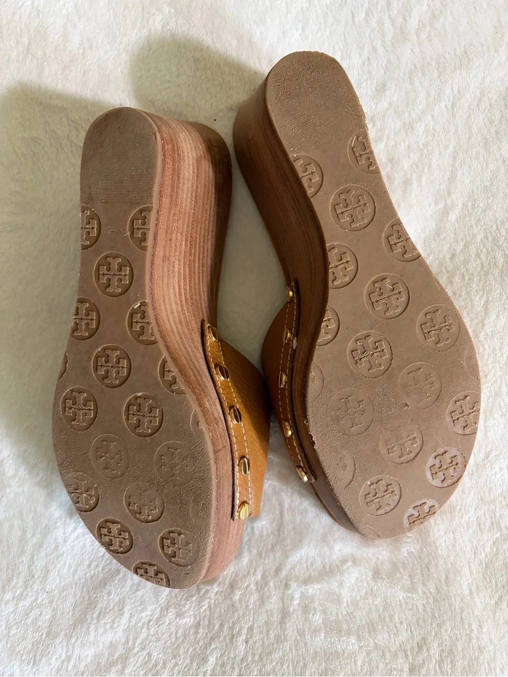 Tory Burch Cognac Leather Logo Wedge Slides Sz 7.5
